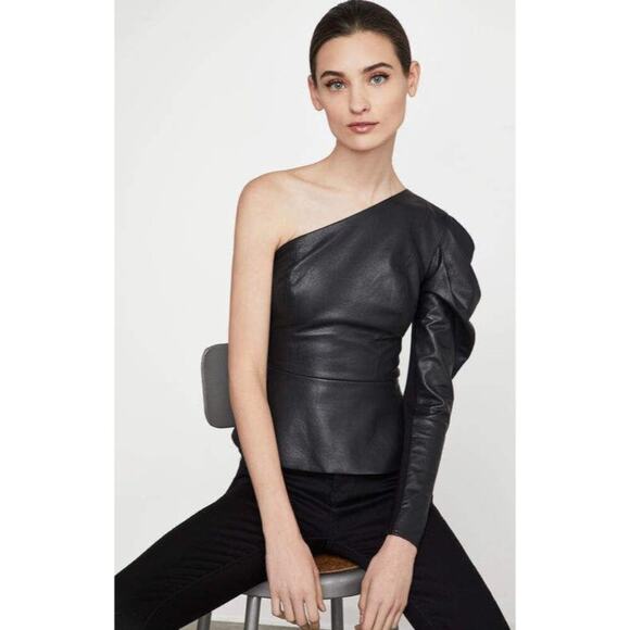 NWT BCBGMaxAzria Black Faux Leather Asymmetric Top Women's Size M One Shoulder - Picture 12 of 12